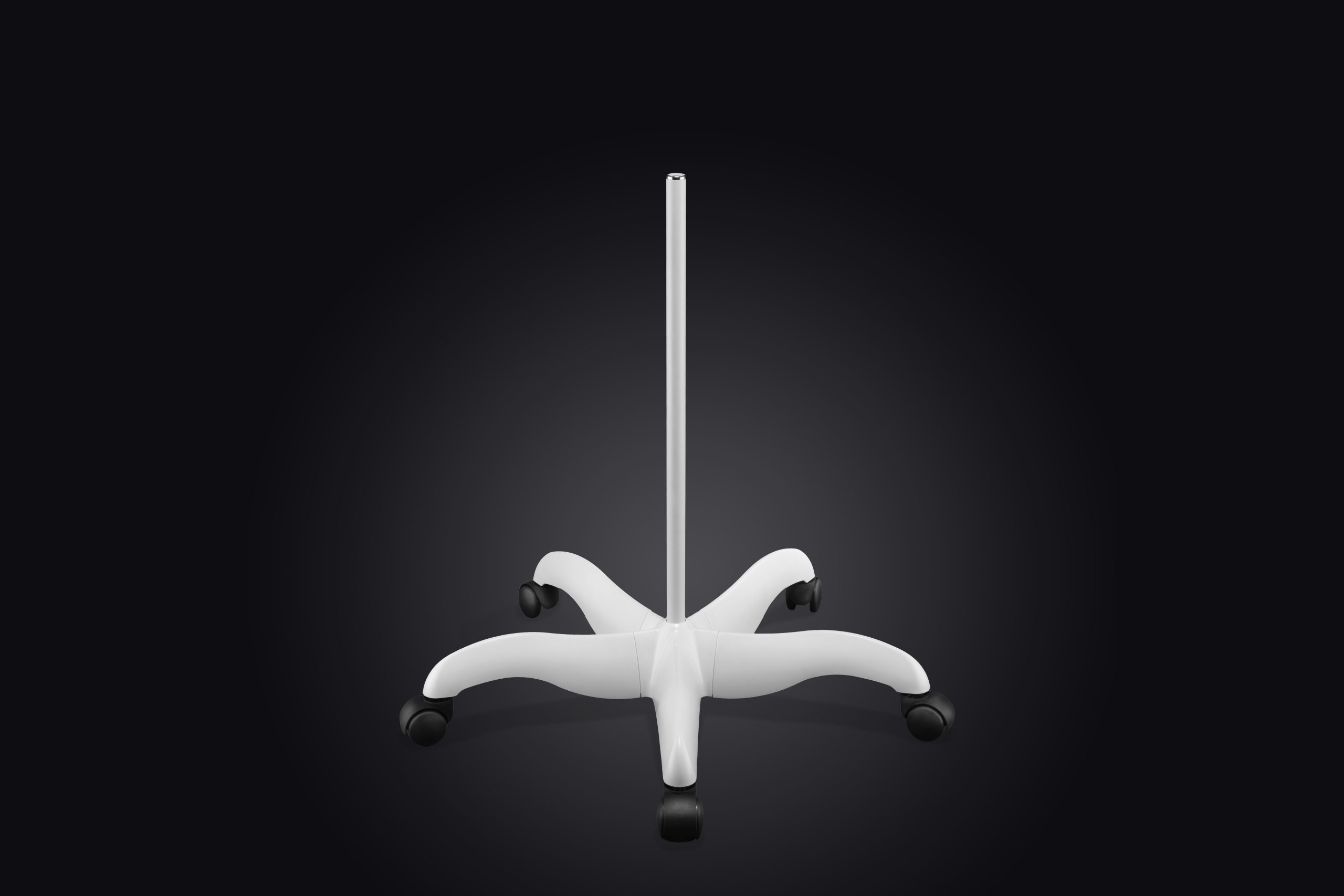 Versión en color blanco del soporte de suelo Daylight con base de estrella y 5 ruedas para instrumental óptico.