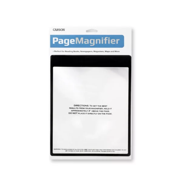 La lupa de hoja flexible con marco Carson DM-11, tipo Fresnel 2x, es ideal para leer libros, prensa y revistas cómodamente. Incluye instrucciones de uso visibles en la propia lupa.