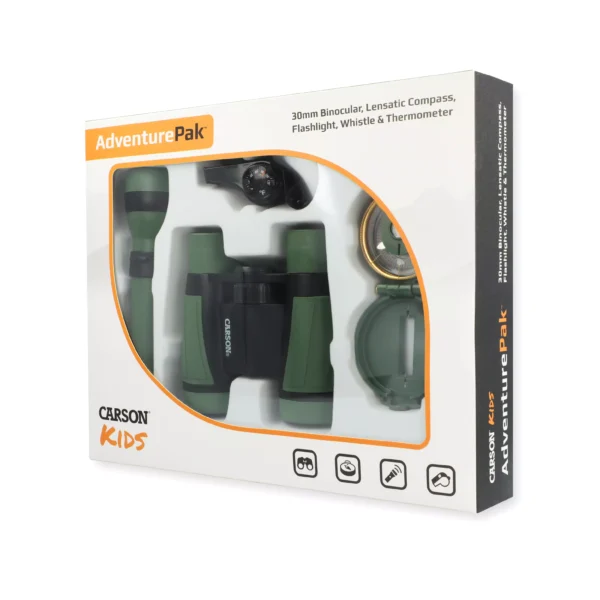 El Kit infantil de exploración 5 en 1 Carson HU-401 | AdventurePak™ incluye prismáticos, brújula, silbato, linterna y mochila en un paquete resistente, ideal para incentivar aventuras STEM.