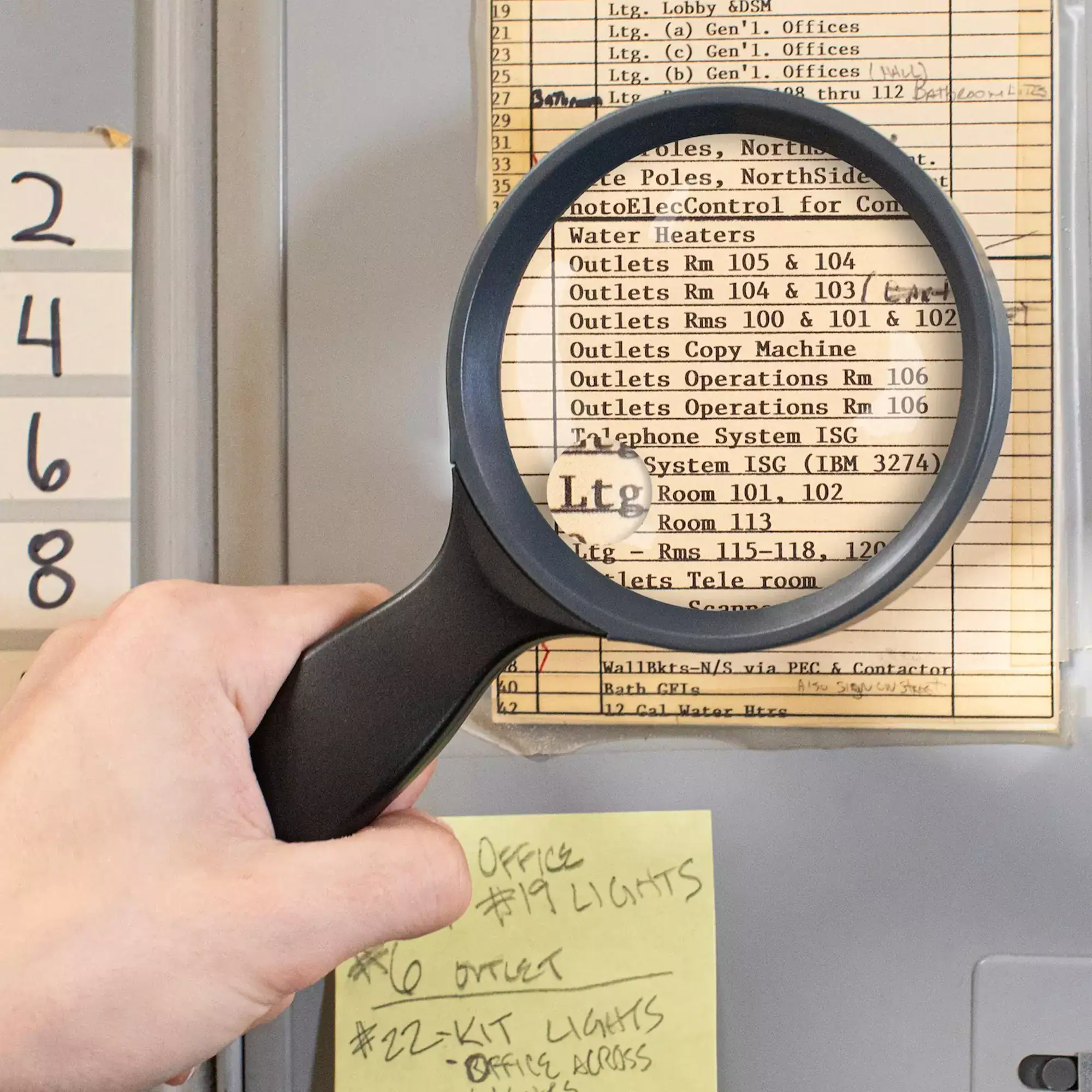 Una mano utiliza la lupa de mano ergonómica Carson JS-36 | Serie JS HandHeld™ 2x + Spot 4,5x con lente de 3,5" (8,9 cm), ampliando una lista impresa de ubicaciones de tomas de corriente; cerca se encuentran adheridas notas adhesivas con números escritos a mano.