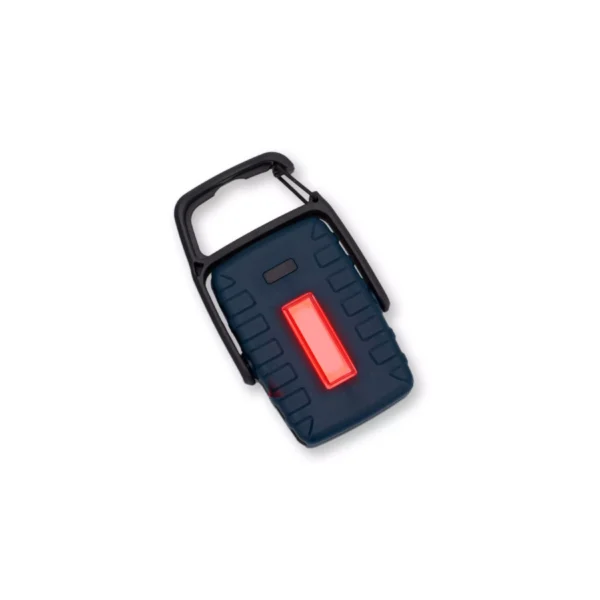 La Carson KL-20 Linterna LED COB multipropósito es compacta, portátil, negra y azul, con luz blanca y roja, 4 modos, gancho y soporte integrado.