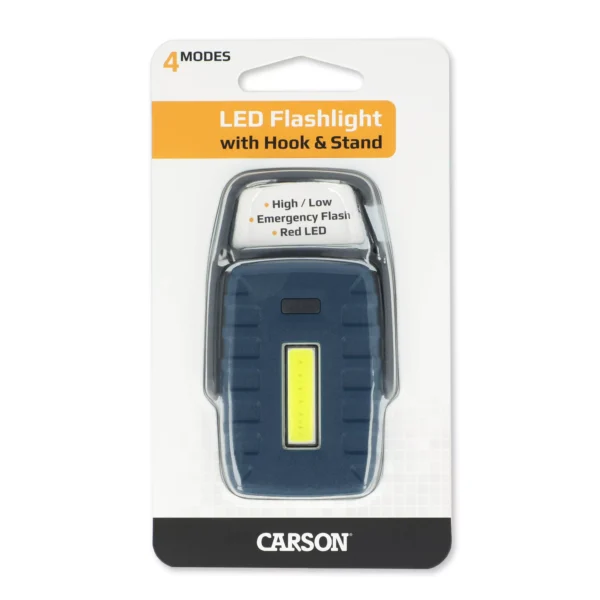 La Linterna LED COB multipropósito Carson KL-20 es compacta, cuenta con luz blanca y roja, 4 modos (alta/baja/blanca, destello rojo), gancho y soporte integrado.