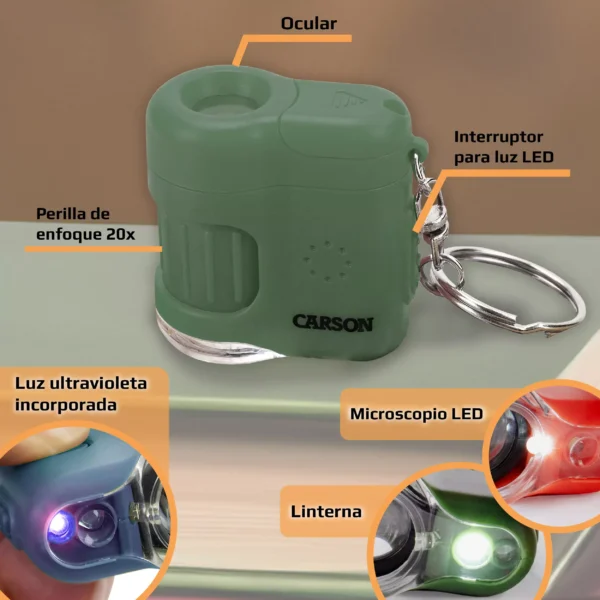 Microscopio de bolsillo Carson MM-280G MicroMini™ 20x verde con luz UV y linterna LED, diseño compacto. Incluye ocular, perilla de enfoque 20x, luz UV, linterna LED y botón de encendido; ideal para llevar como llavero.