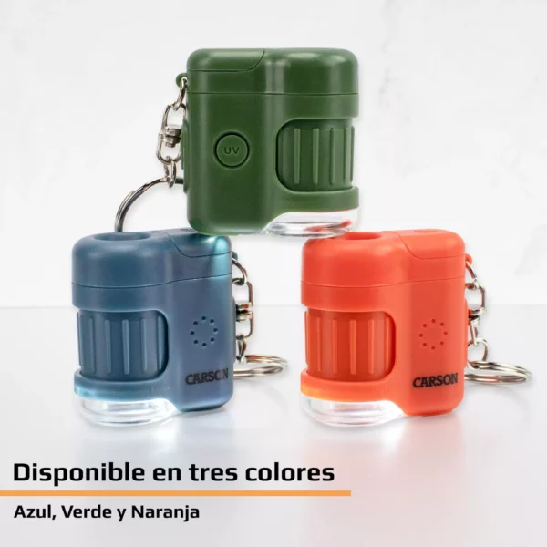 El microscopio de bolsillo Carson MicroMini™ 20x MM-280G cuenta con luz UV, linterna LED y diseño compacto. Disponible en verde, es ideal para llevar contigo gracias a su llavero.