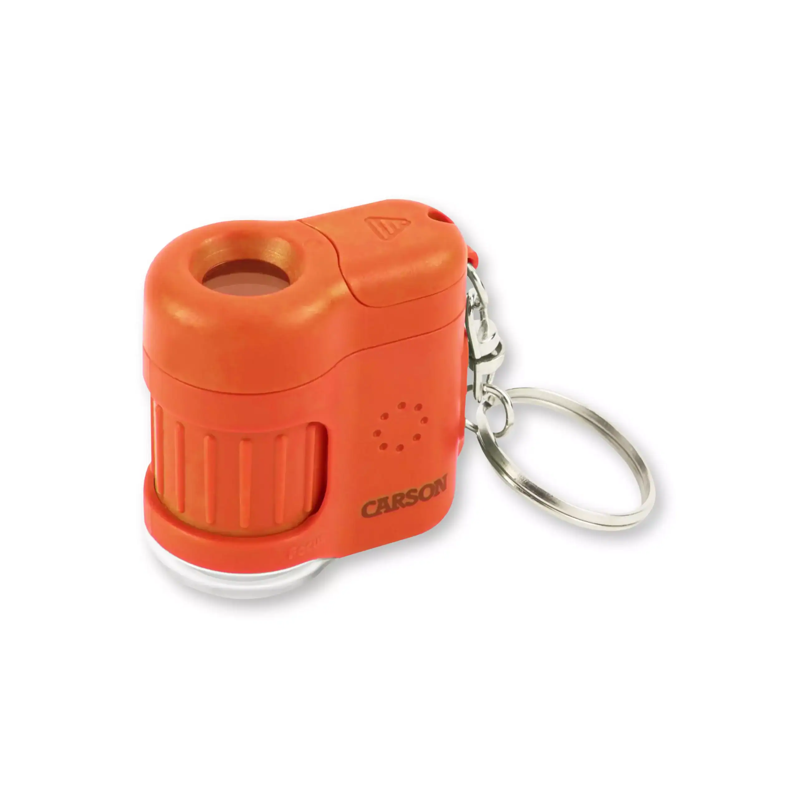 El Carson MM-280O MicroMini™ 20x es un microscopio de bolsillo compacto, color naranja, con luz UV y linterna LED, diseño portátil con llavero y agarre texturizado.