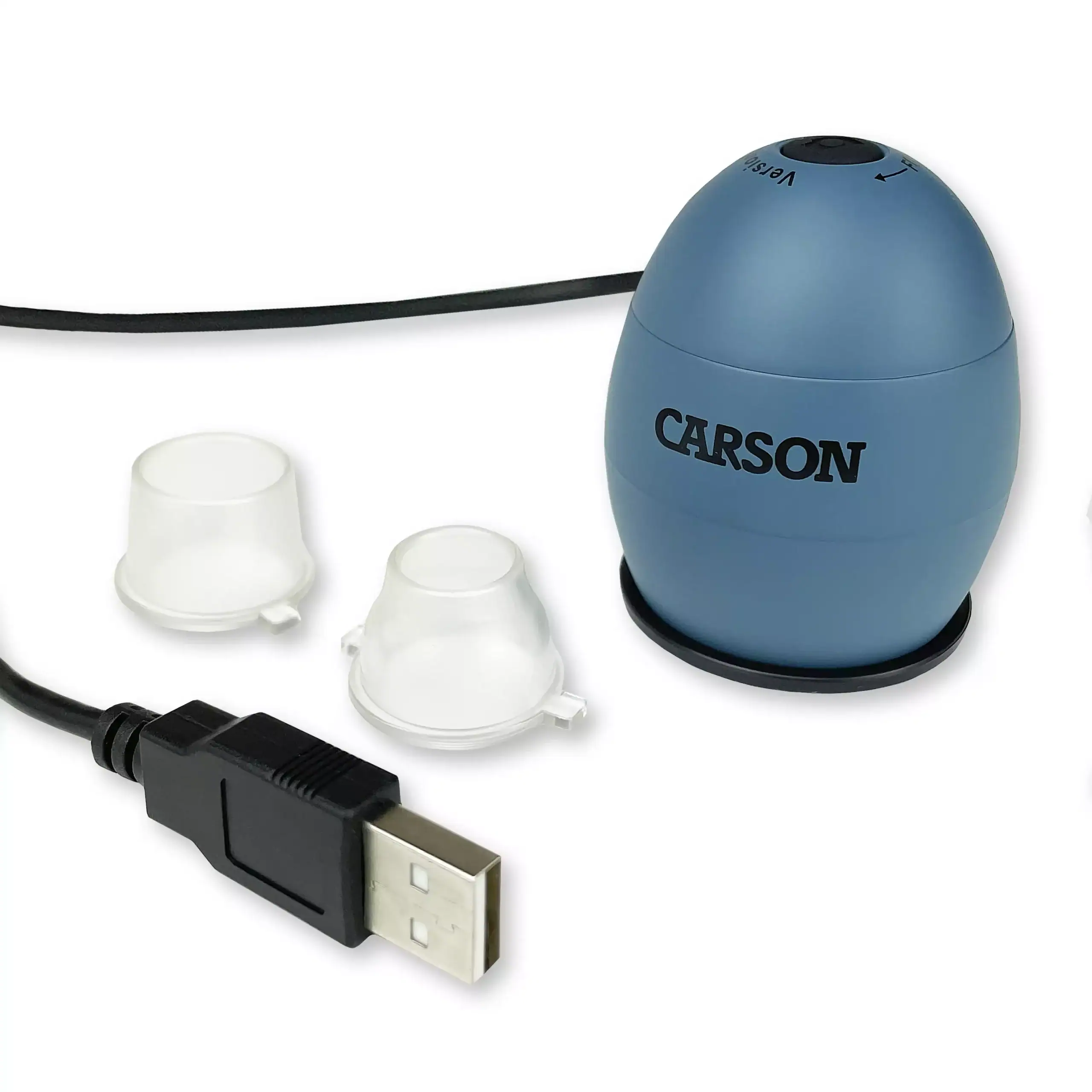 Mostrado sobre fondo blanco: Microscopio digital USB Carson MM-500 | Serie Zorb™ 81x con iluminación LED, captura de fotos y vídeos y amplia compatibilidad, incluye cable USB, dos tapas de lente transparentes y base negra.