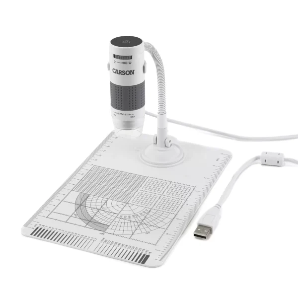 El microscopio digital USB Carson MM-840 Serie eFlex™ 78x/324x, con soporte flexible, iluminación LED y captura de fotos y videos, ofrece gran aumento para observaciones detalladas y se conecta a la computadora mediante cable USB.