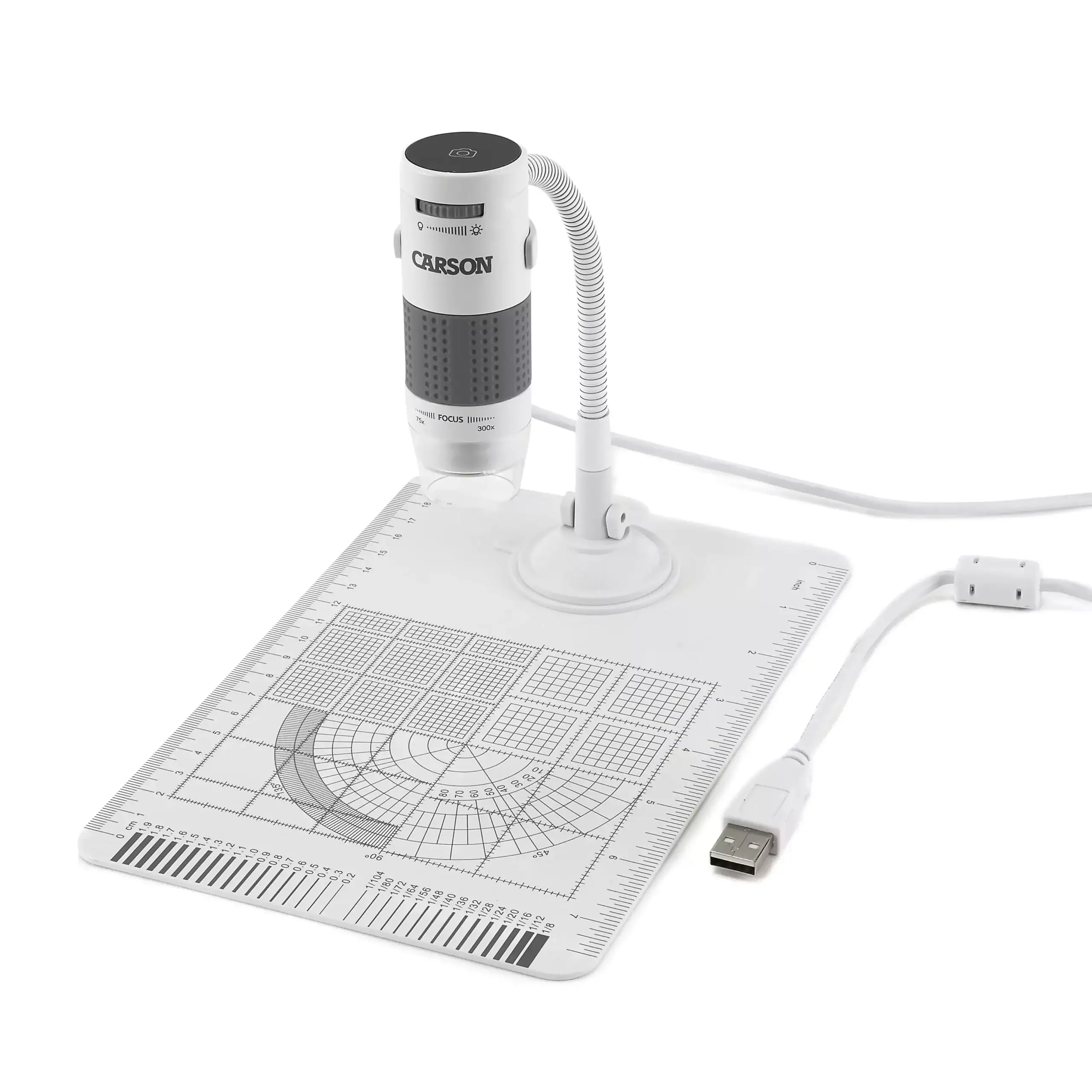 El microscopio digital USB Carson MM-840 Serie eFlex™ 78x/324x, con soporte flexible, iluminación LED y captura de fotos y videos, ofrece gran aumento para observaciones detalladas y se conecta a la computadora mediante cable USB.