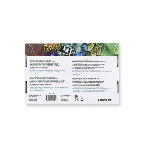 La caja USB digital del microscopio Carson MM-840 eFlex™ muestra instrucciones en inglés y español, detalles de compatibilidad, imágenes de plantas e insectos, y resalta su zoom de 78x/324x, soporte flexible, iluminación LED y funciones de captura de fotos/videos.