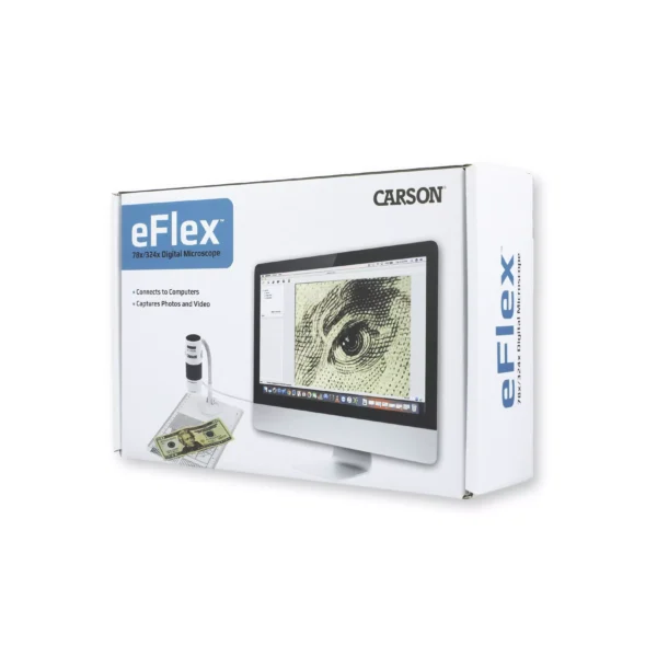 Una caja del microscopio digital USB Carson MM-840 Serie eFlex™ 78x/324x con soporte flexible, LED y función de foto/video, conectada a una computadora que muestra en pantalla una imagen ampliada de un billete.