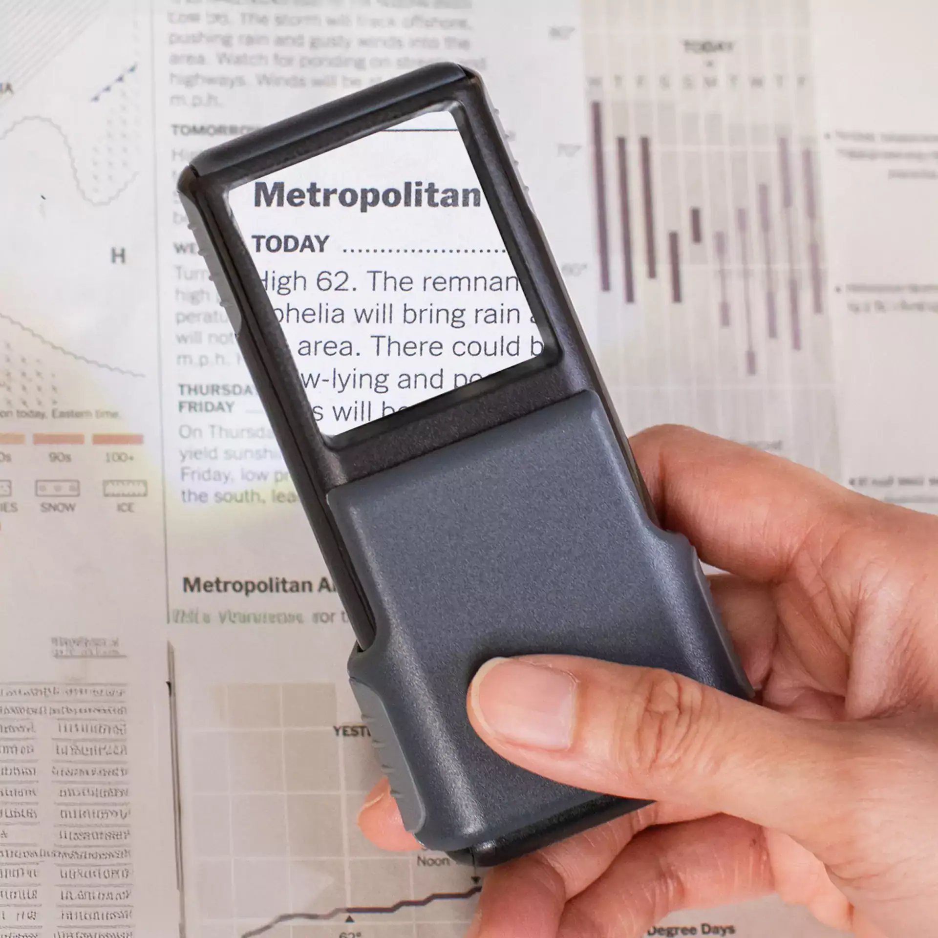 Una mano sostiene una lupa portátil deslizante con LED Carson PO-55 Serie MiniBrite™ 5x (lente de 3,5 x 4 cm y funda protectora) sobre un periódico, ampliando la palabra “Metropolitan” y parte del pronóstico del tiempo.
