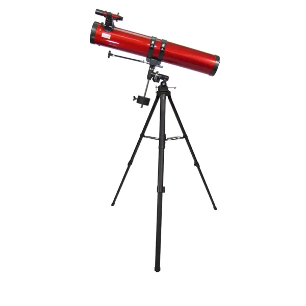 El Telescopio reflector Carson RP-300 Red Planet™ 45-100x114 mm, con óptica de precisión y montura ecuatorial negra, se muestra inclinado hacia arriba sobre fondo blanco, ideal para astrónomos intermedios.